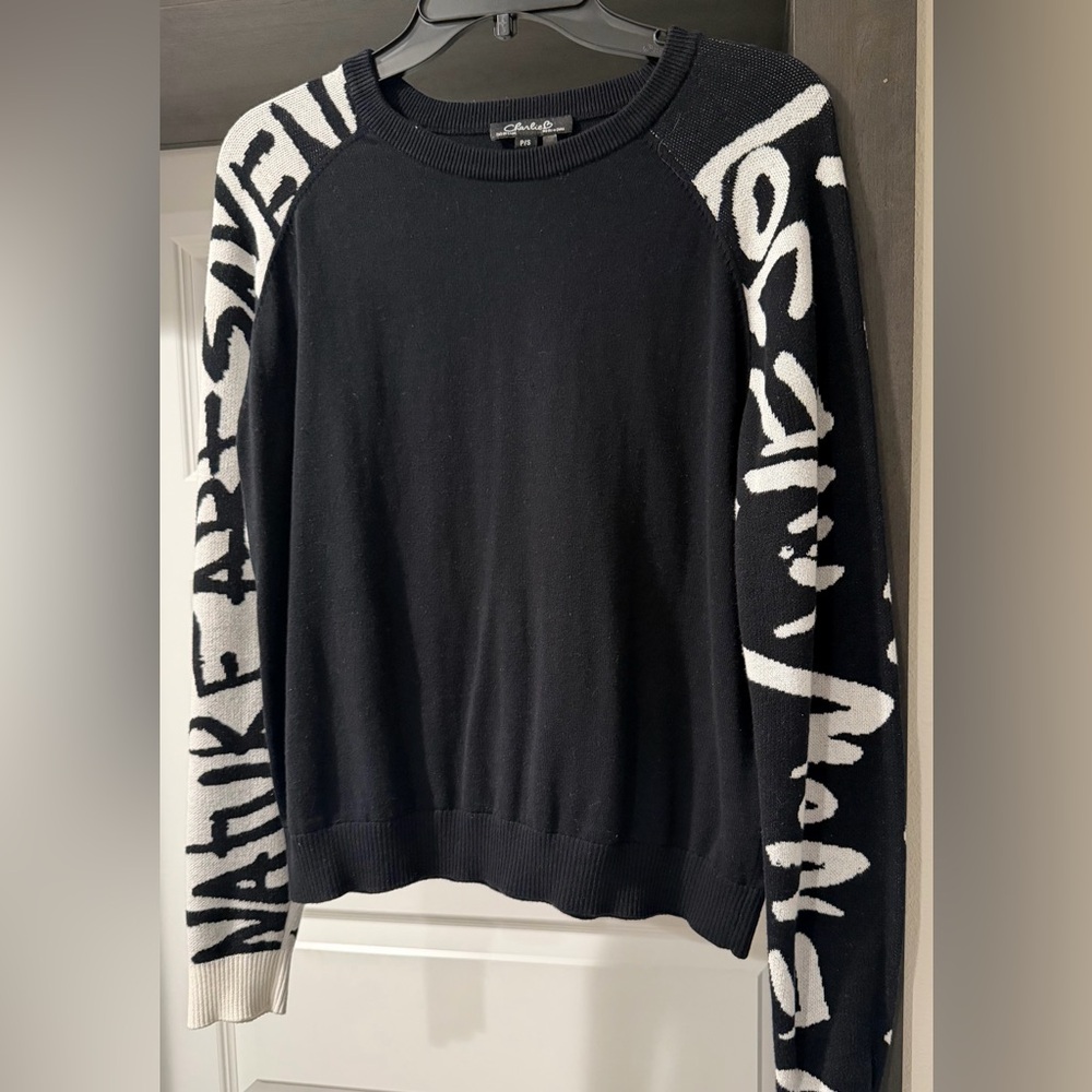 Charlie B Black and White Graphic Sweater women’s Size S - Picture 2 of 7